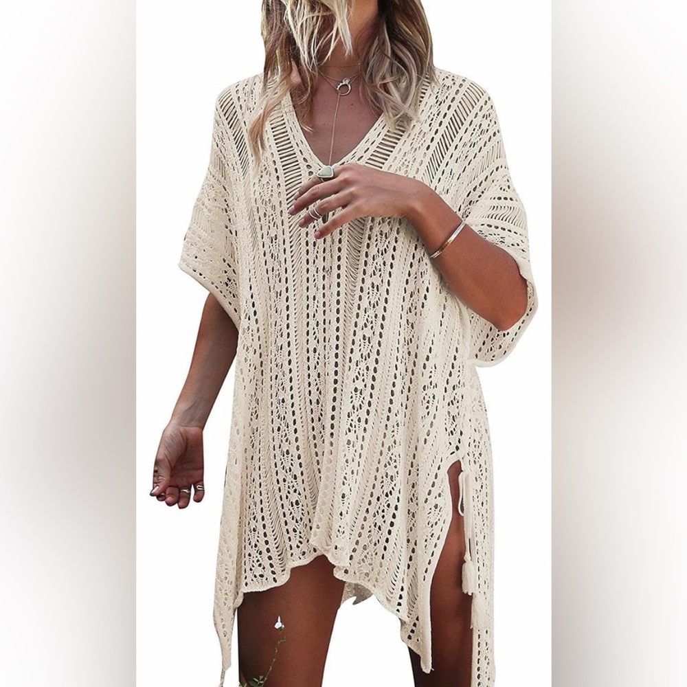 Cream Crochet V-Neck Swim Cover-Up Tunic